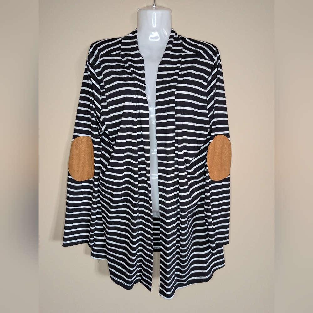 Black/White Striped Tunic Length Cardigan With Faux Suede Patches
